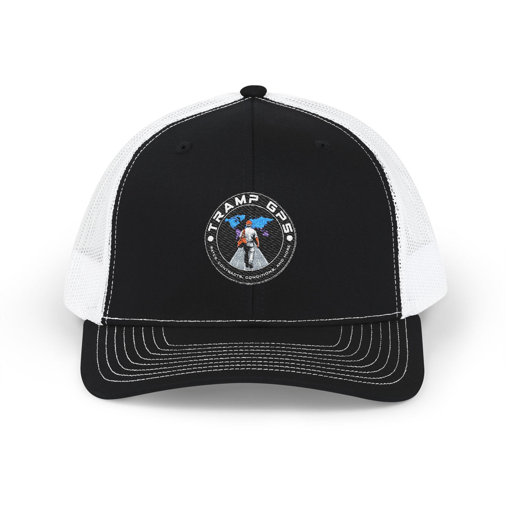 Black & White Trucker Cap with Vintage Mountain Patch – Outdoor Snapback Hat