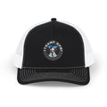 Black & White Trucker Cap with Vintage Mountain Patch – Outdoor Snapback Hat