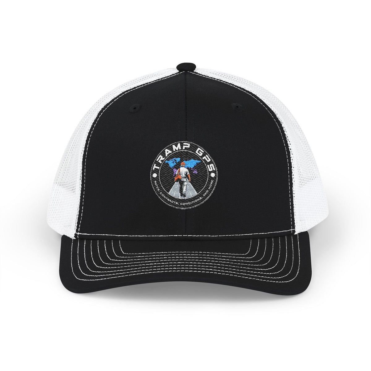 Black & White Trucker Cap with Vintage Mountain Patch – Outdoor Snapback Hat