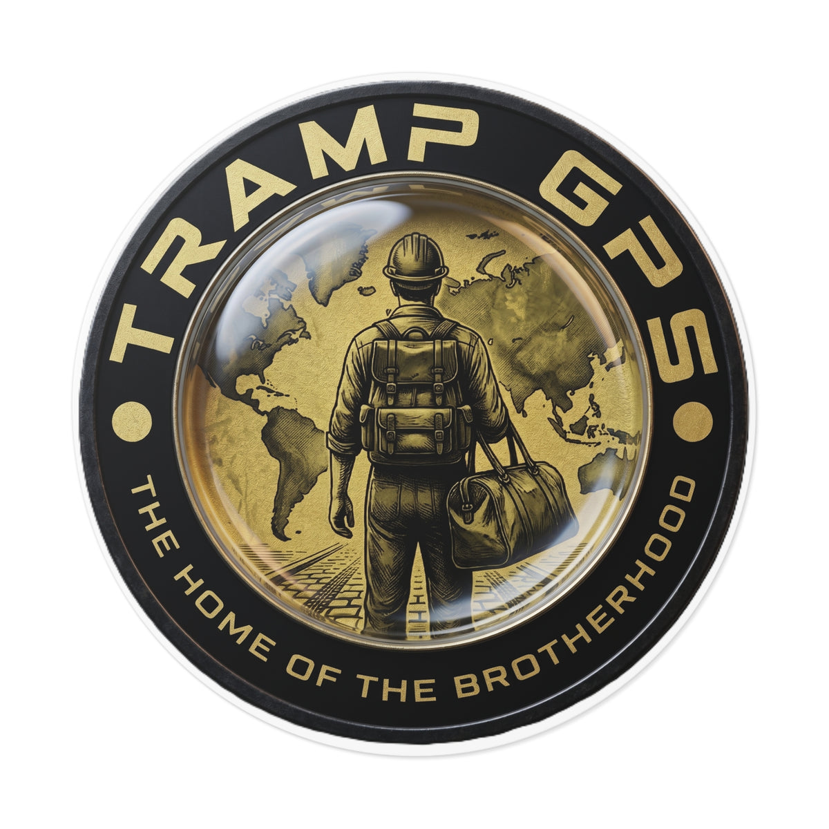 Tramp GPS Round Vinyl Sticker — “The Home of the Brotherhood” Travel Hiker Design