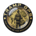 Tramp GPS Round Vinyl Sticker — “The Home of the Brotherhood” Travel Hiker Design