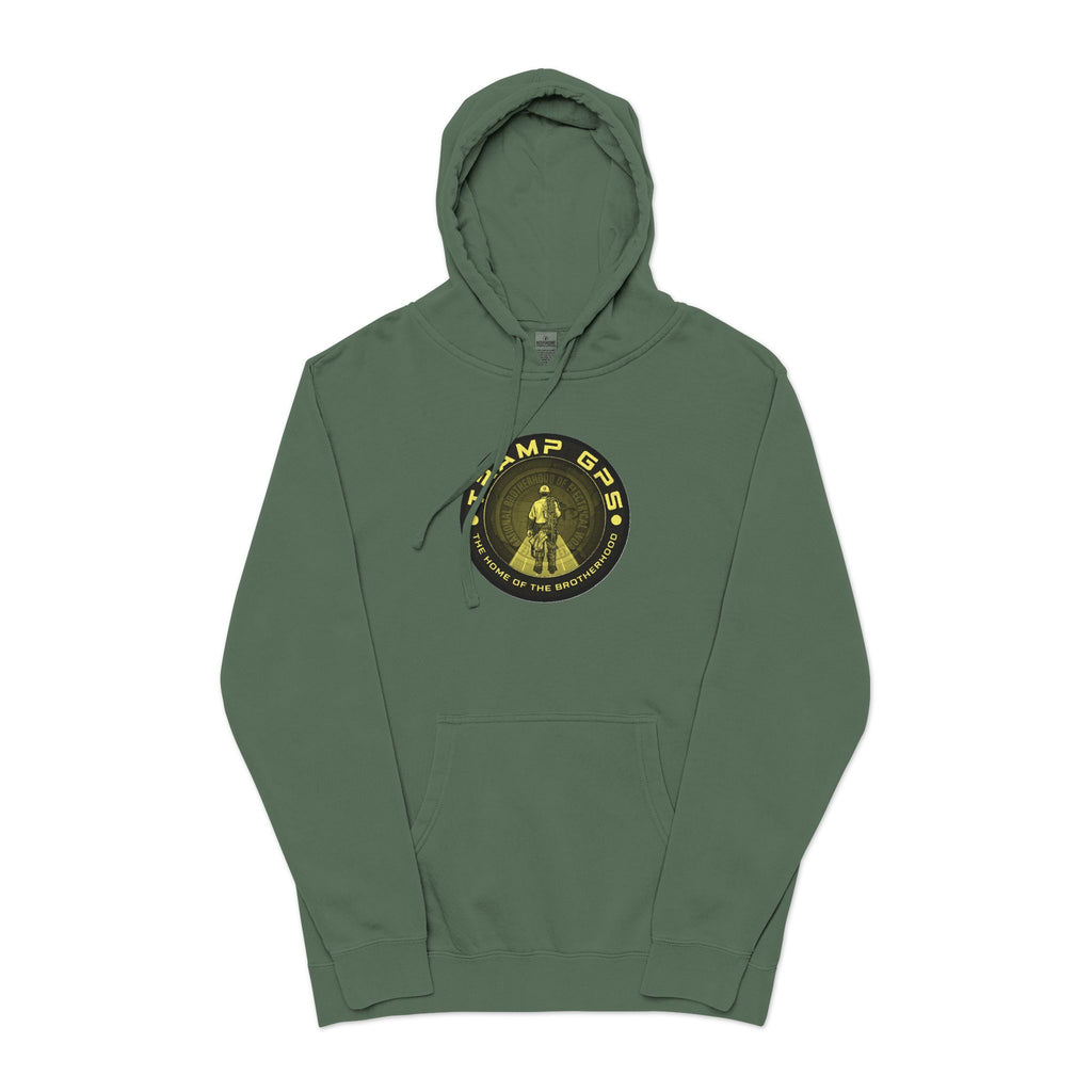 Tramp GPS Hoodie — Vintage Outdoor Badge Pullover