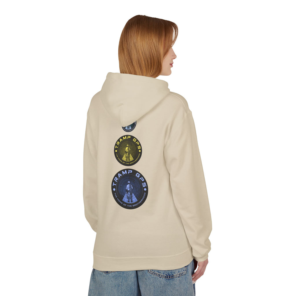 Tramp GPS Logo Hoodie — Retro Badge Graphic Pullover