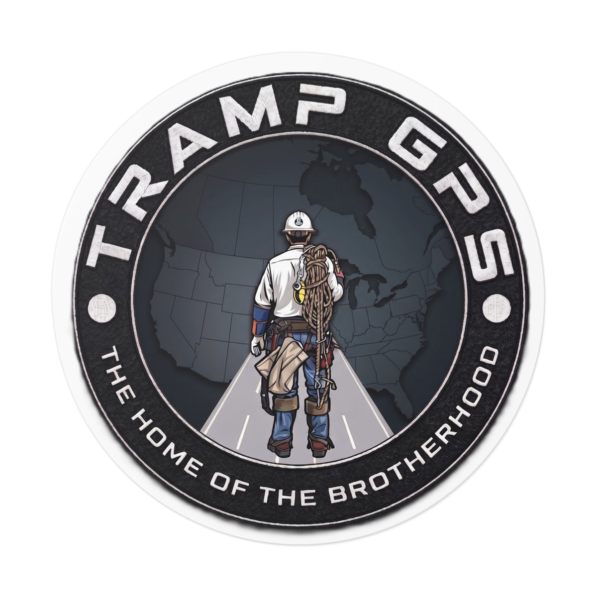 Tramp GPS Round Vinyl Sticker — 'The Home of the Brotherhood' Lineman Design