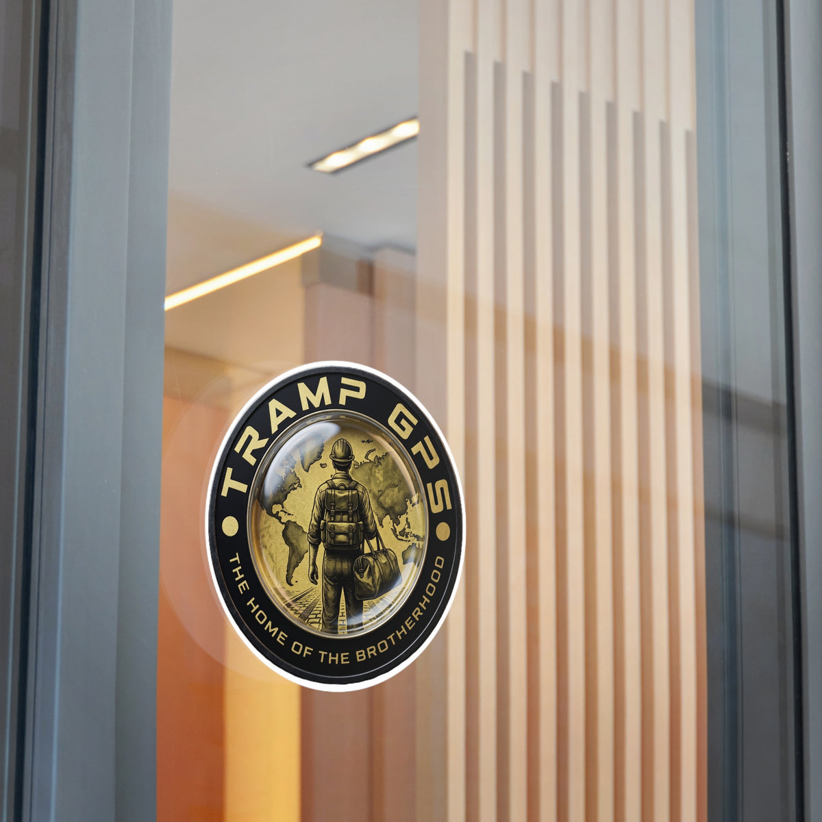 Tramp GPS Round Vinyl Sticker — “The Home of the Brotherhood” Travel Hiker Design