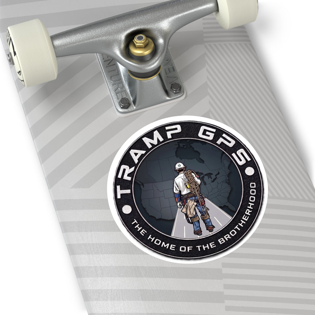 Tramp GPS Round Vinyl Sticker — 'The Home of the Brotherhood' Lineman Design