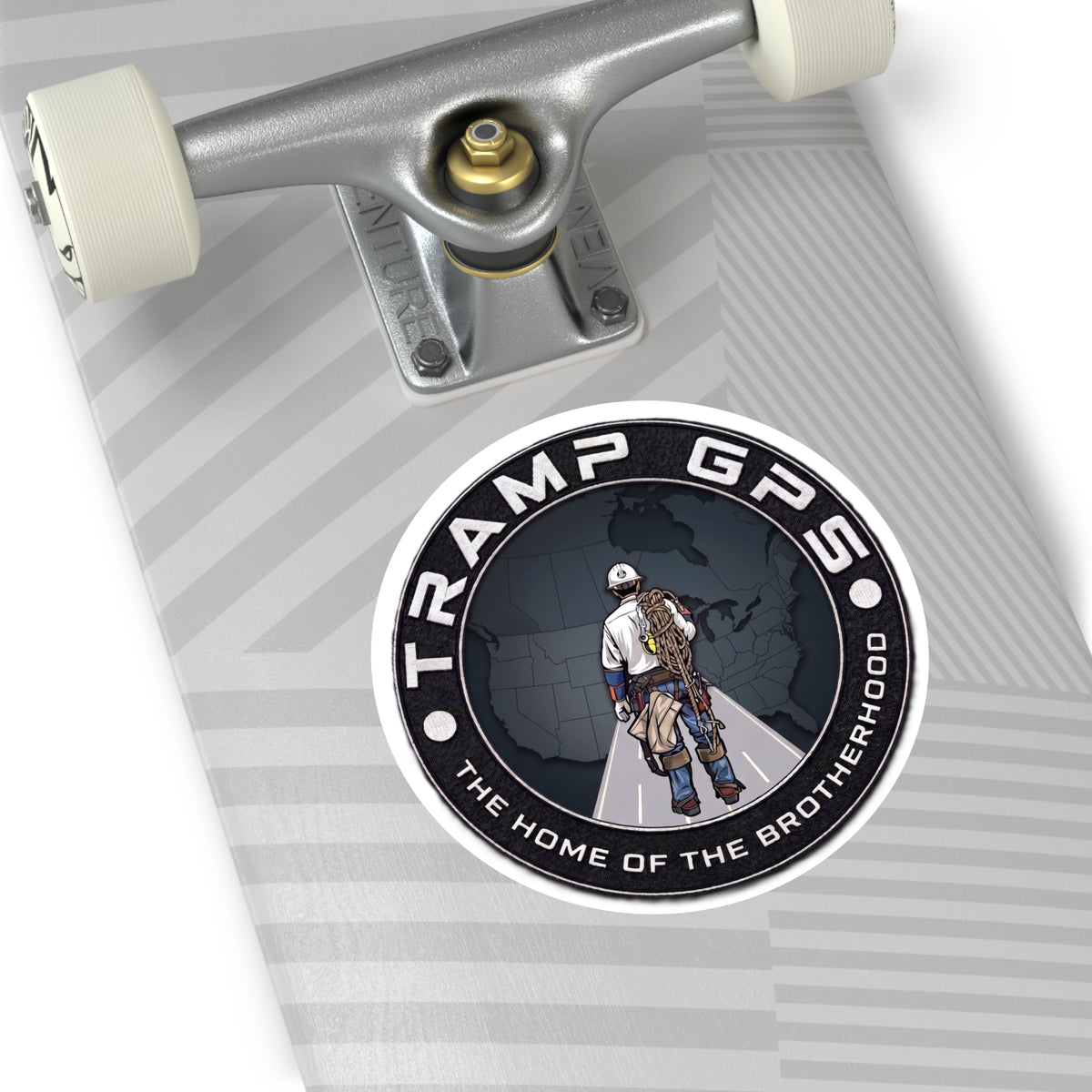 Tramp GPS Round Vinyl Sticker — 'The Home of the Brotherhood' Lineman Design
