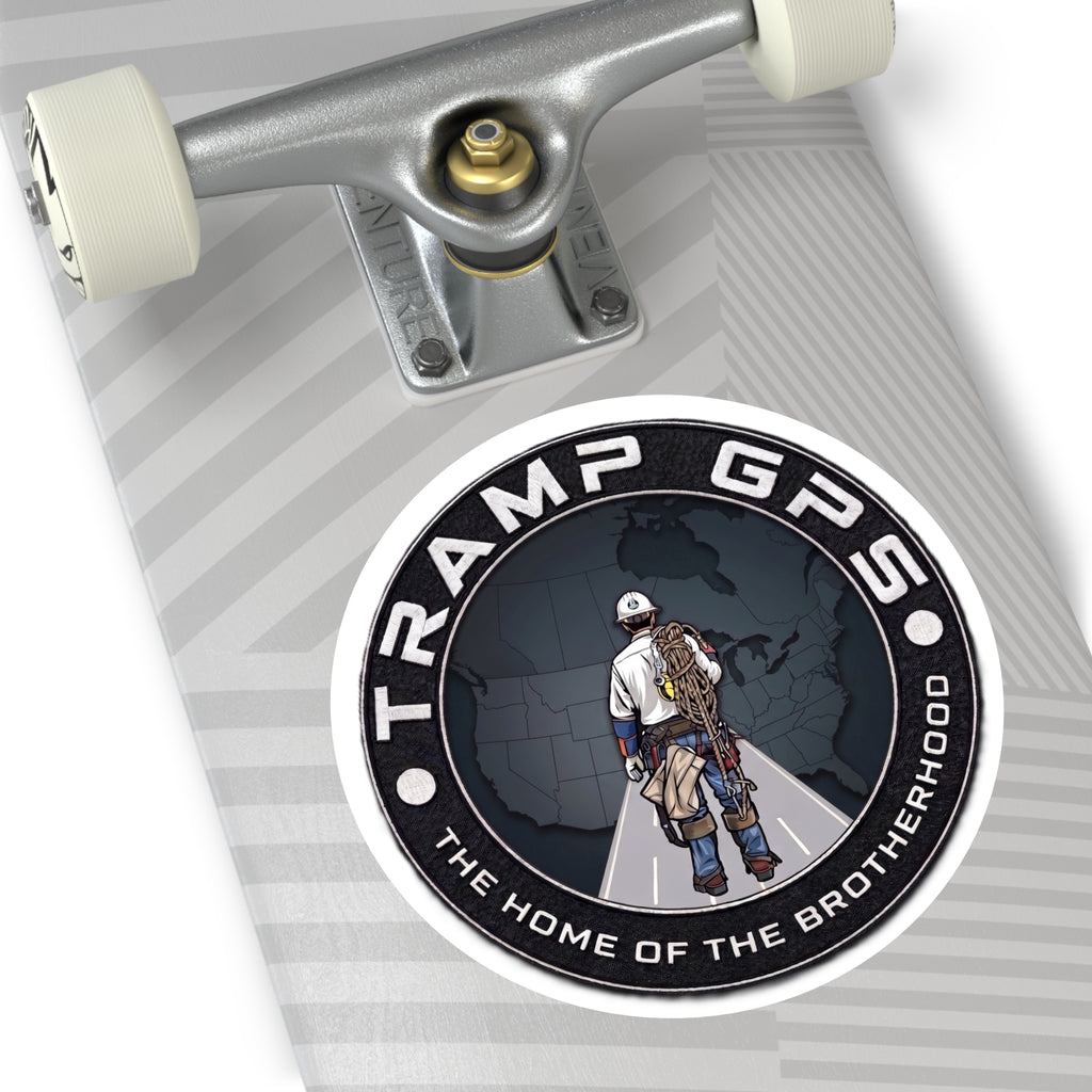 Tramp GPS Round Vinyl Sticker — 'The Home of the Brotherhood' Lineman Design