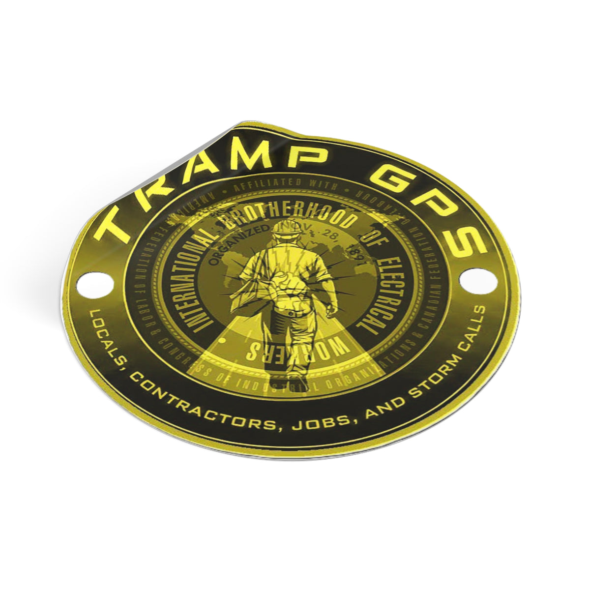Tramp GPS Round Vinyl Sticker — Electrician Brotherhood Logo, Durable Weatherproof Decal