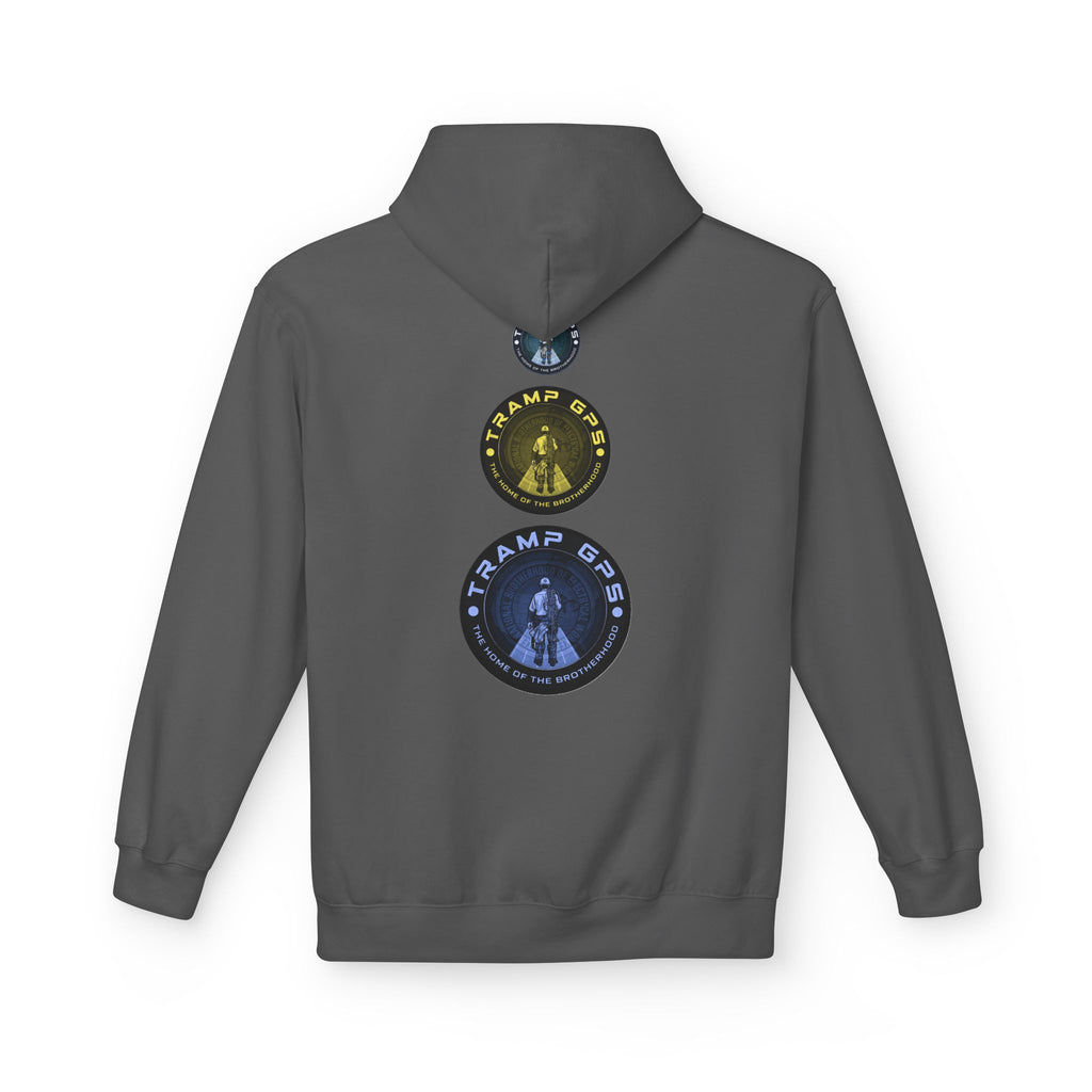 Tramp GPS Logo Hoodie — Retro Badge Graphic Pullover