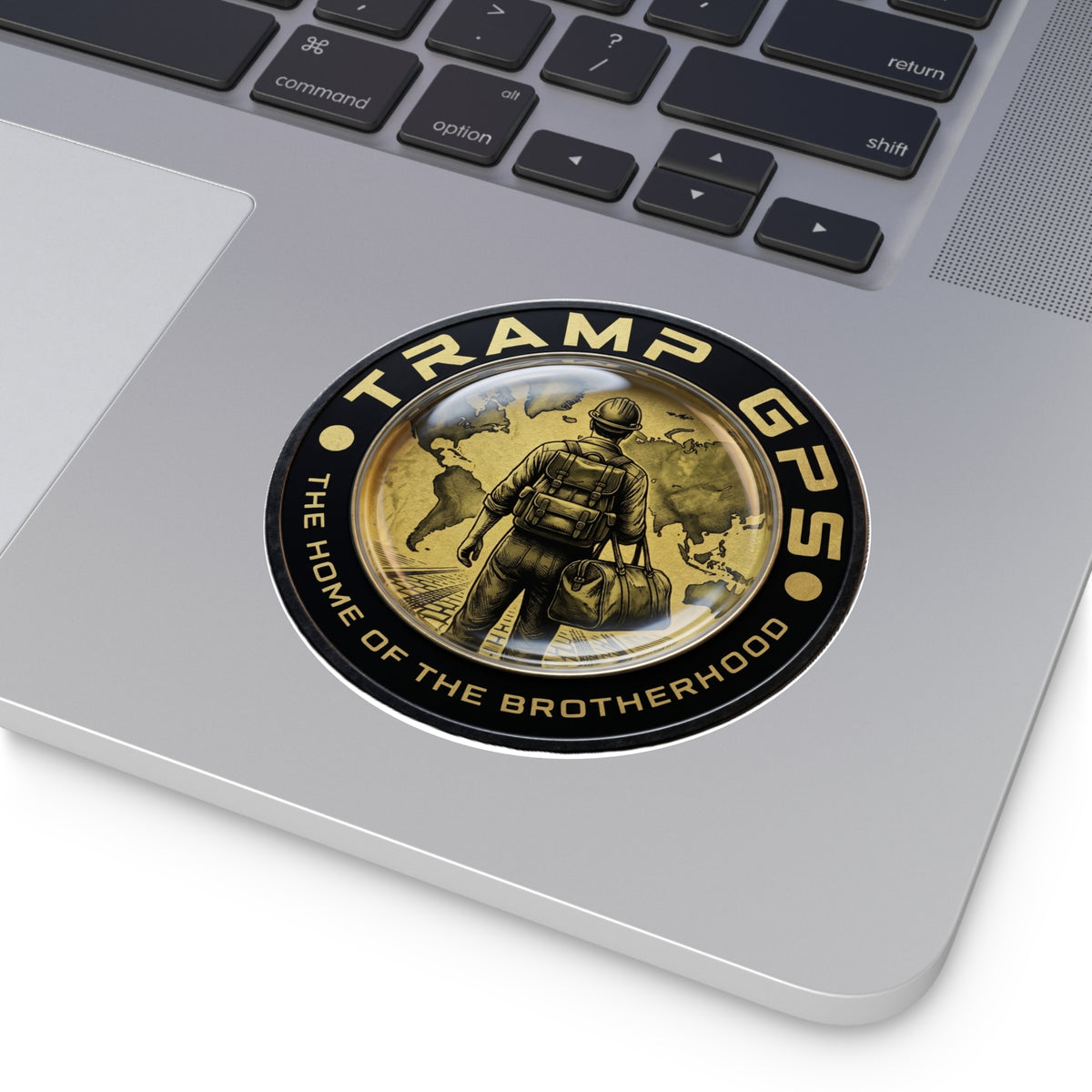 Tramp GPS Round Vinyl Sticker — “The Home of the Brotherhood” Travel Hiker Design