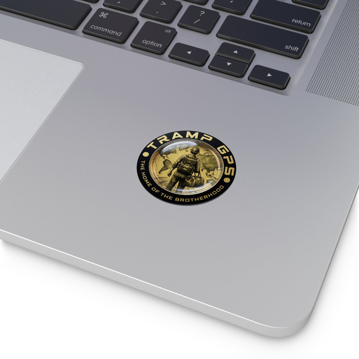 Tramp GPS Round Vinyl Sticker — “The Home of the Brotherhood” Travel Hiker Design