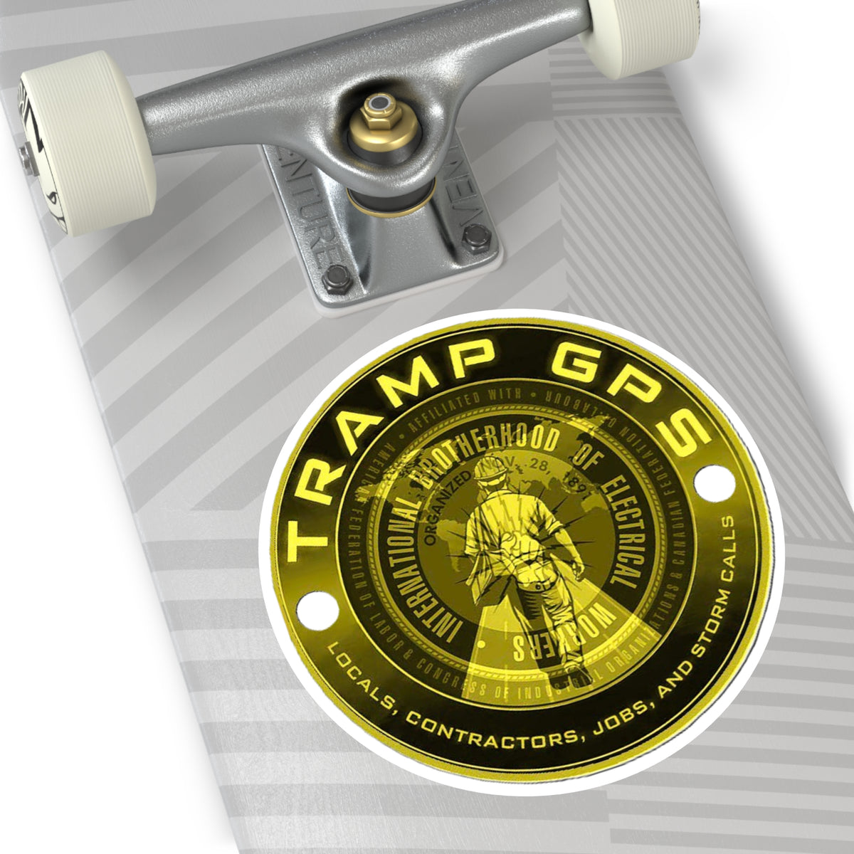 Tramp GPS Round Vinyl Sticker — Electrician Brotherhood Logo, Durable Weatherproof Decal