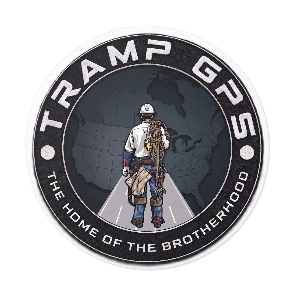 Tramp GPS Round Vinyl Sticker — 'The Home of the Brotherhood' Lineman Design