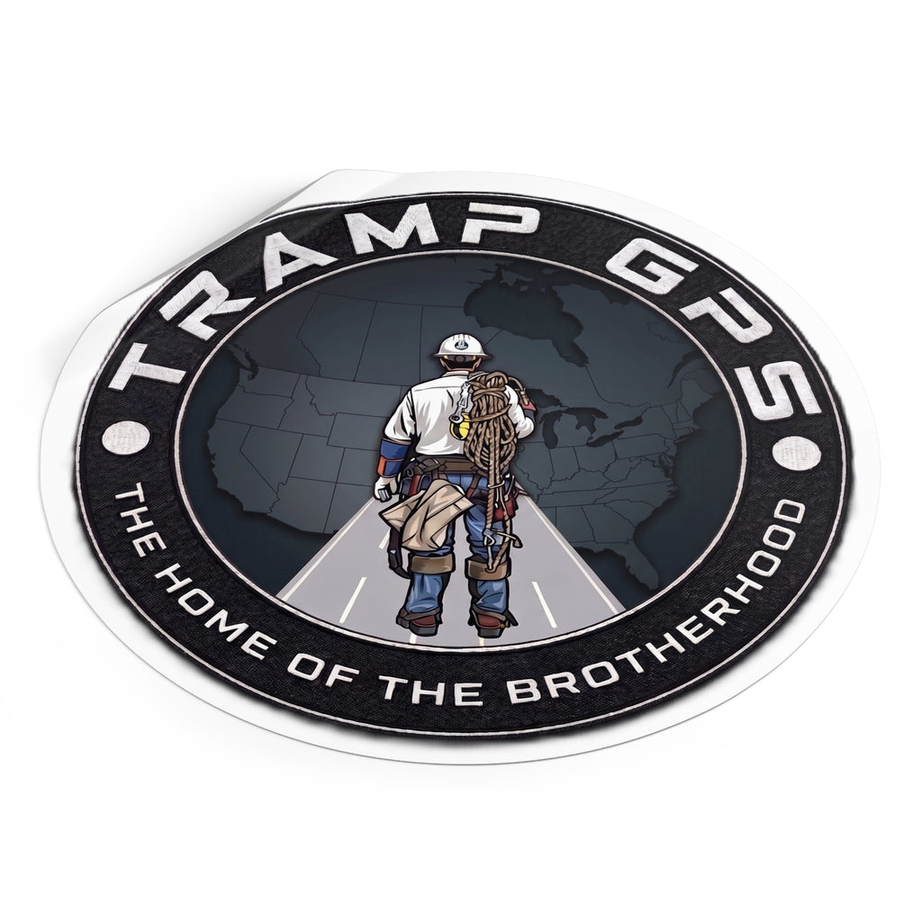 Tramp GPS Round Vinyl Sticker — 'The Home of the Brotherhood' Lineman Design