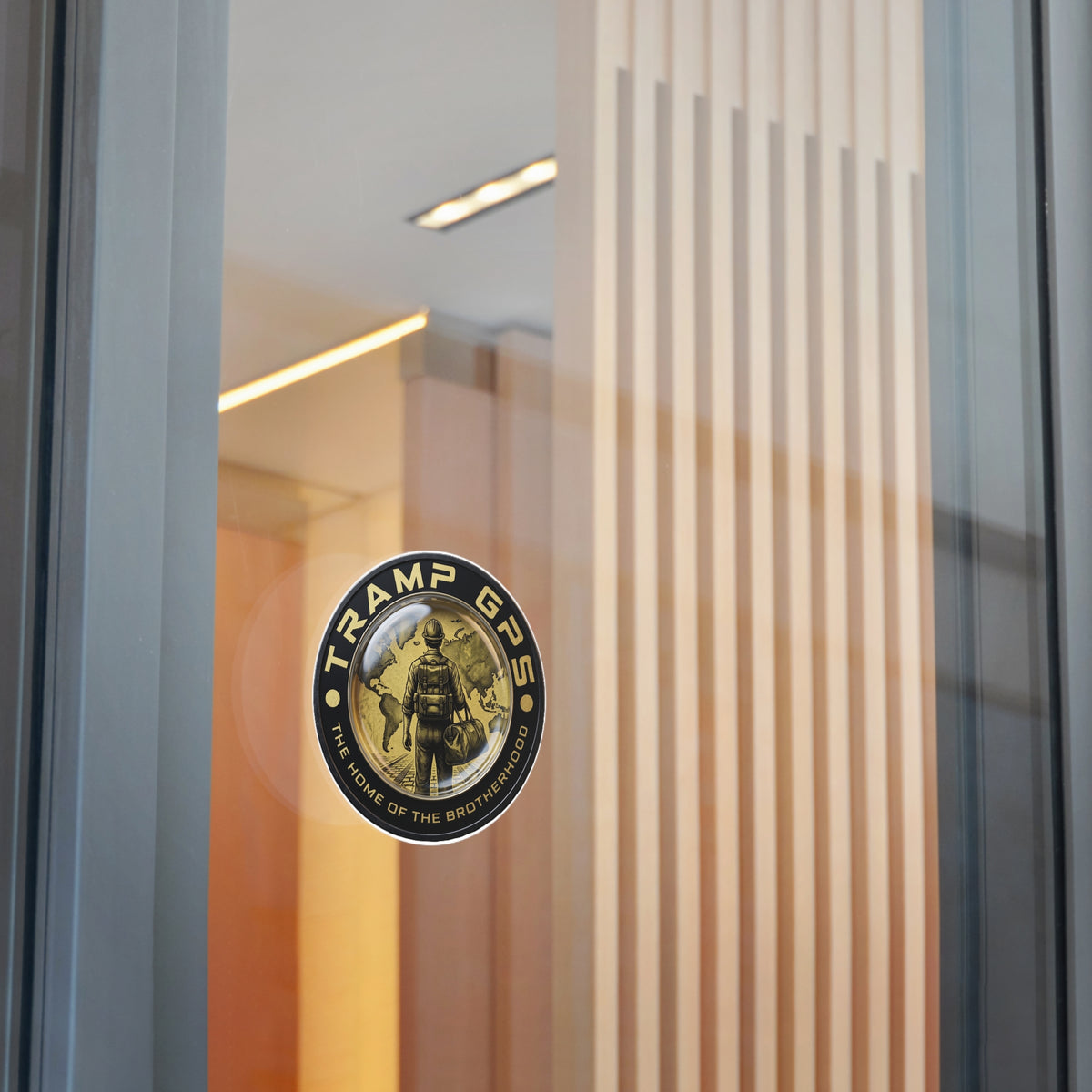 Tramp GPS Round Vinyl Sticker — “The Home of the Brotherhood” Travel Hiker Design