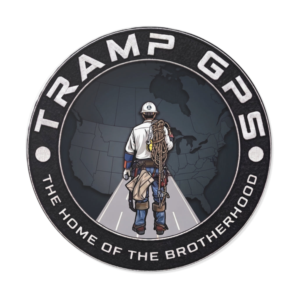 Tramp GPS Round Vinyl Sticker — 'The Home of the Brotherhood' Lineman Design
