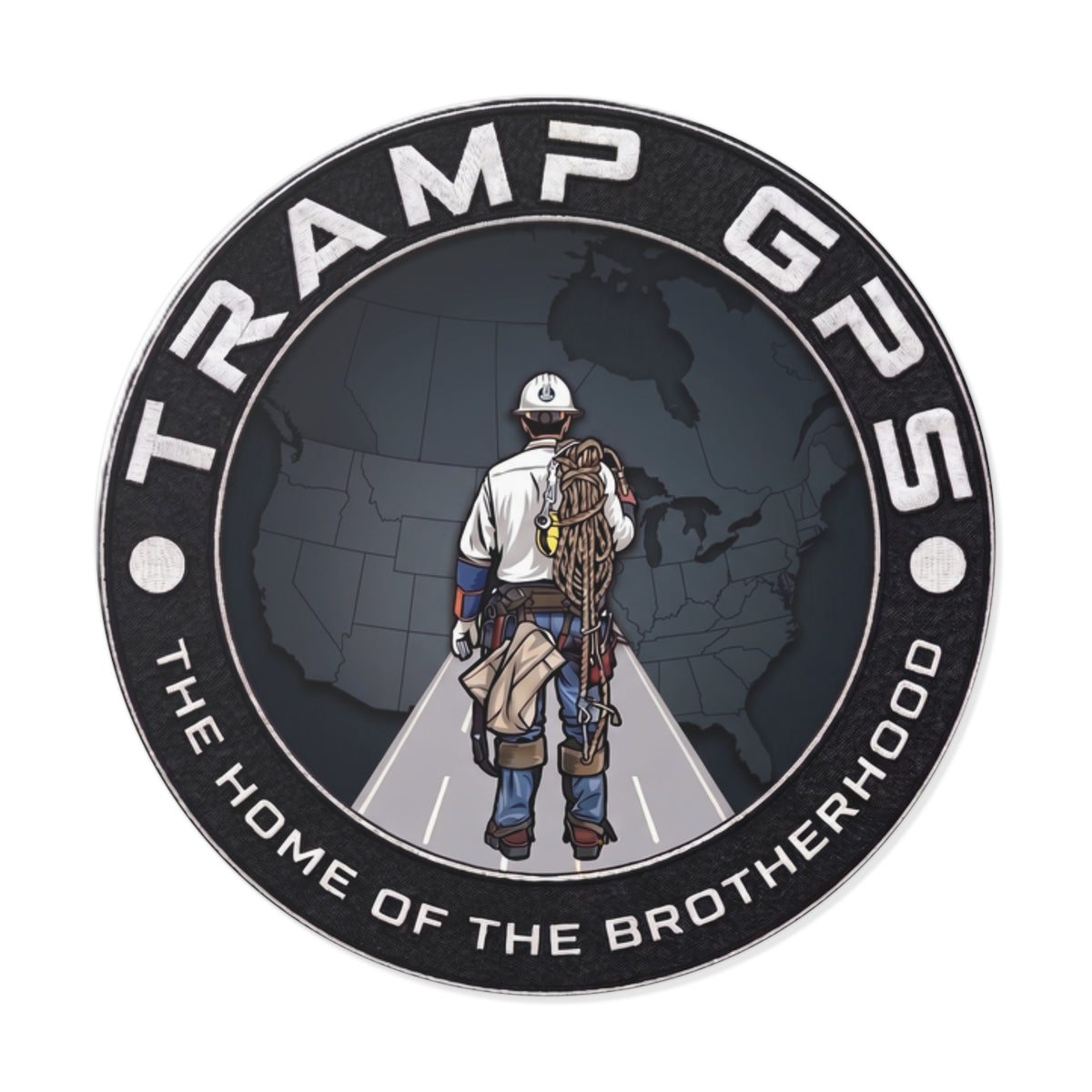 Tramp GPS Round Vinyl Sticker — 'The Home of the Brotherhood' Lineman Design