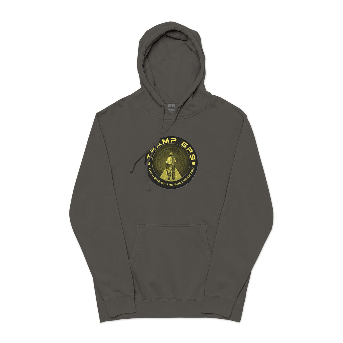 Tramp GPS Hoodie — Vintage Outdoor Badge Pullover