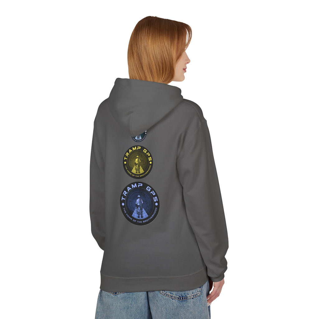 Tramp GPS Logo Hoodie — Retro Badge Graphic Pullover