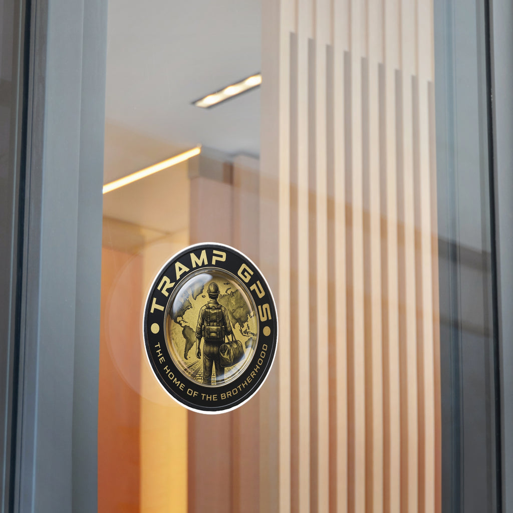 Tramp GPS Round Vinyl Sticker — “The Home of the Brotherhood” Travel Hiker Design