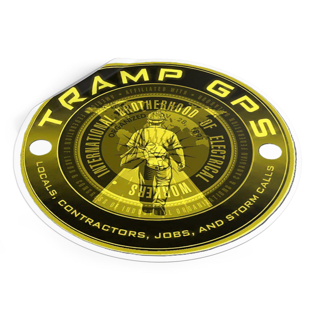 Tramp GPS Round Vinyl Sticker — Electrician Brotherhood Logo, Durable Weatherproof Decal