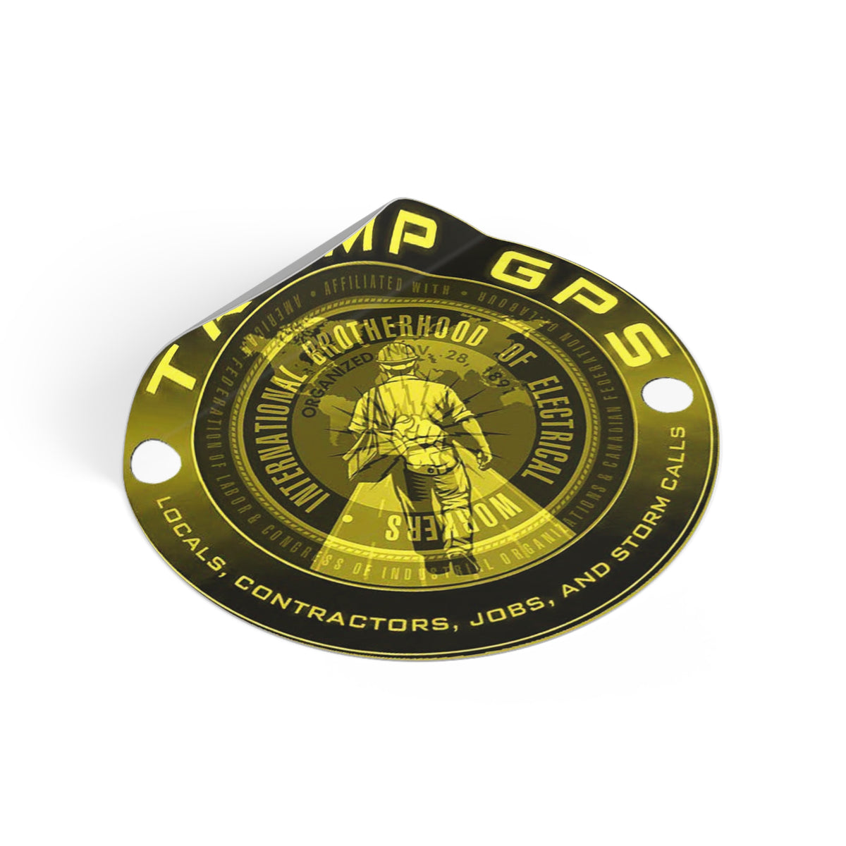 Tramp GPS Round Vinyl Sticker — Electrician Brotherhood Logo, Durable Weatherproof Decal