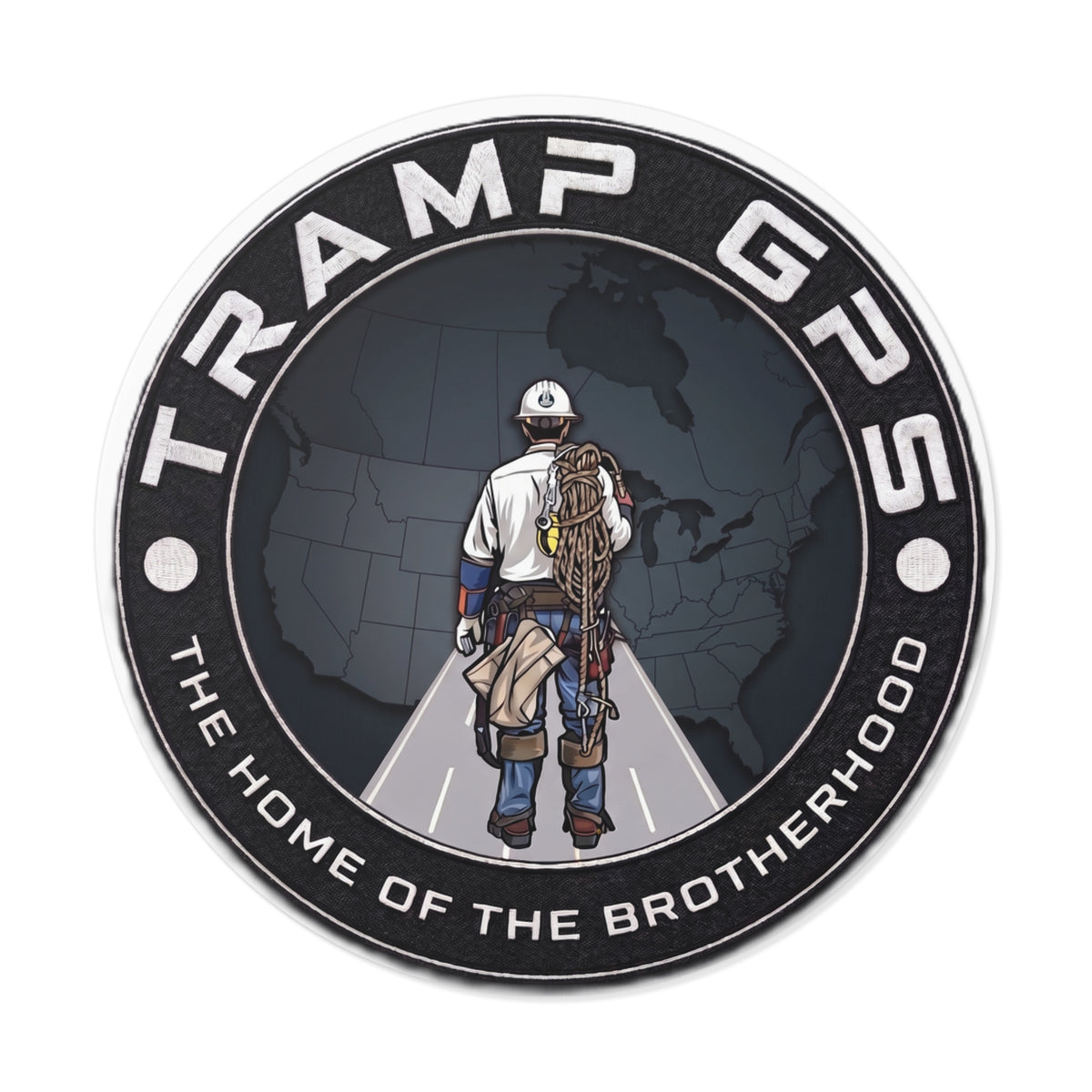 Tramp GPS Round Vinyl Sticker — 'The Home of the Brotherhood' Lineman Design