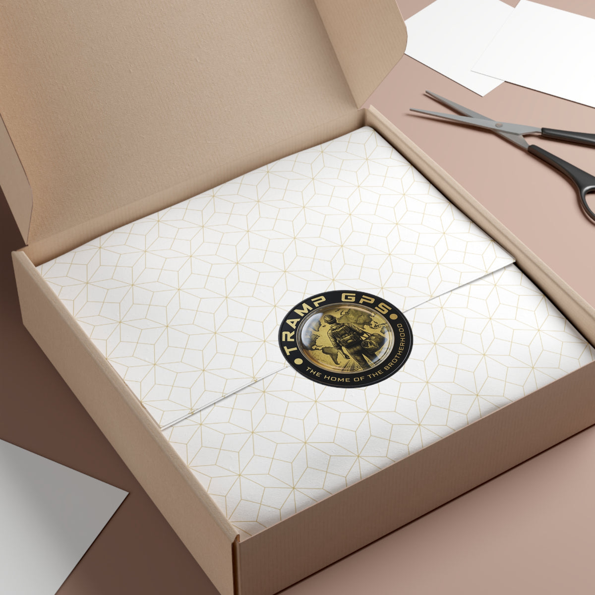 Tramp GPS Round Vinyl Sticker — “The Home of the Brotherhood” Travel Hiker Design