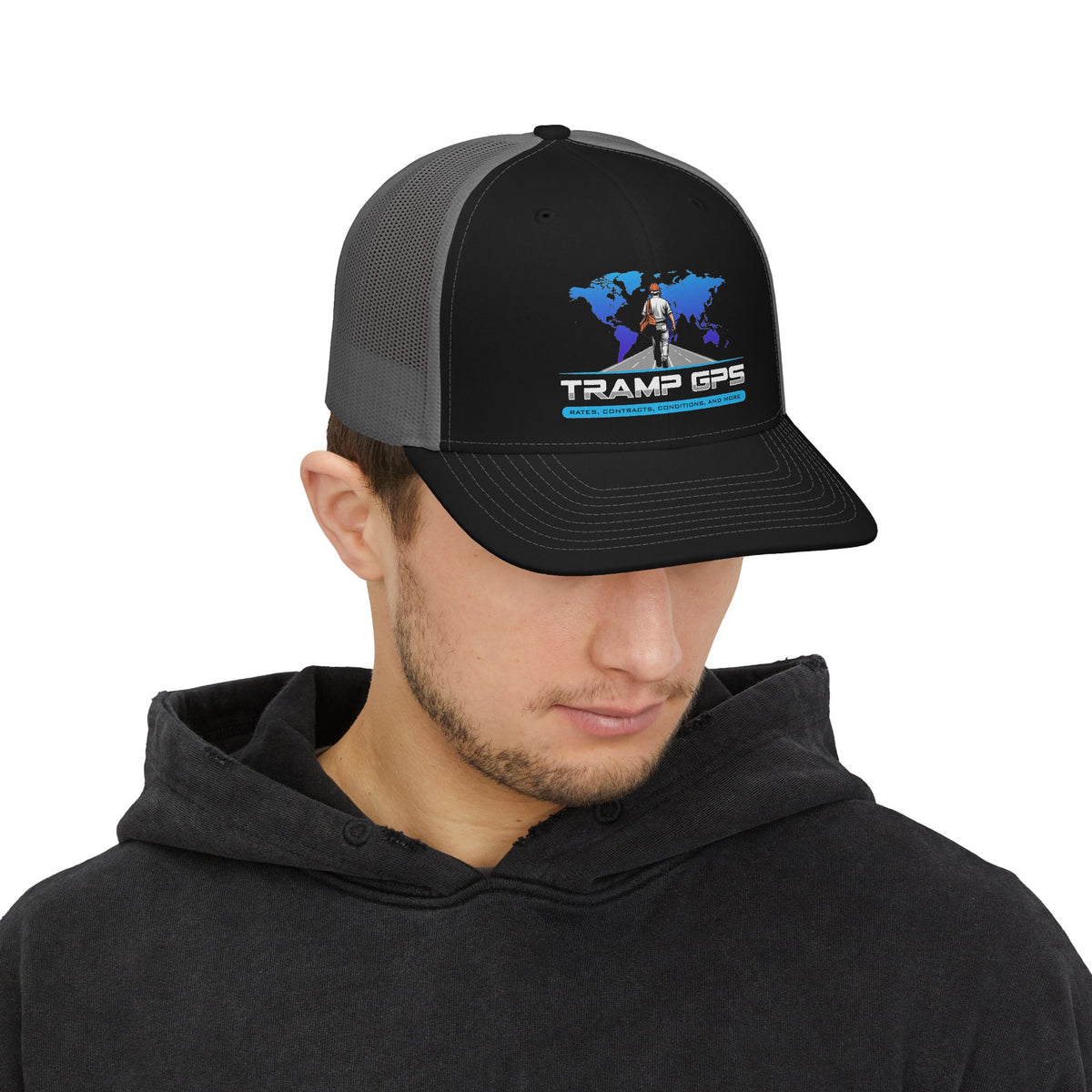 Trucker Cap — Tramp GPS Adventure Logo Hat (World Map, Outdoor Travel Snapback)
