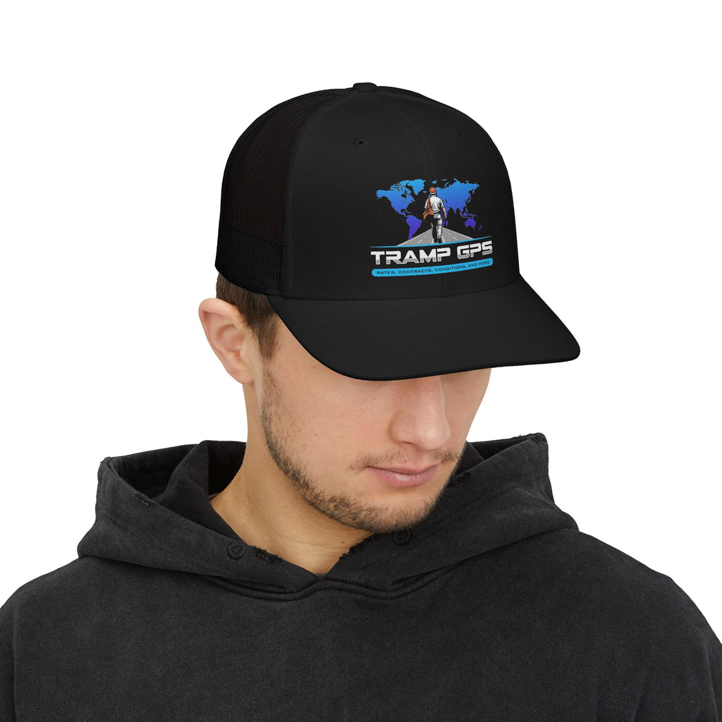 Trucker Cap — Tramp GPS Adventure Logo Hat (World Map, Outdoor Travel Snapback)