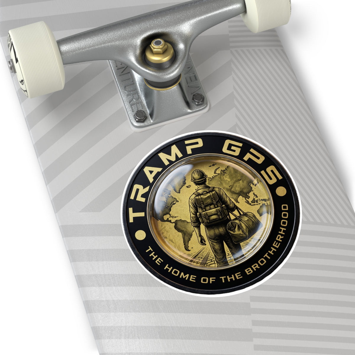 Tramp GPS Round Vinyl Sticker — “The Home of the Brotherhood” Travel Hiker Design