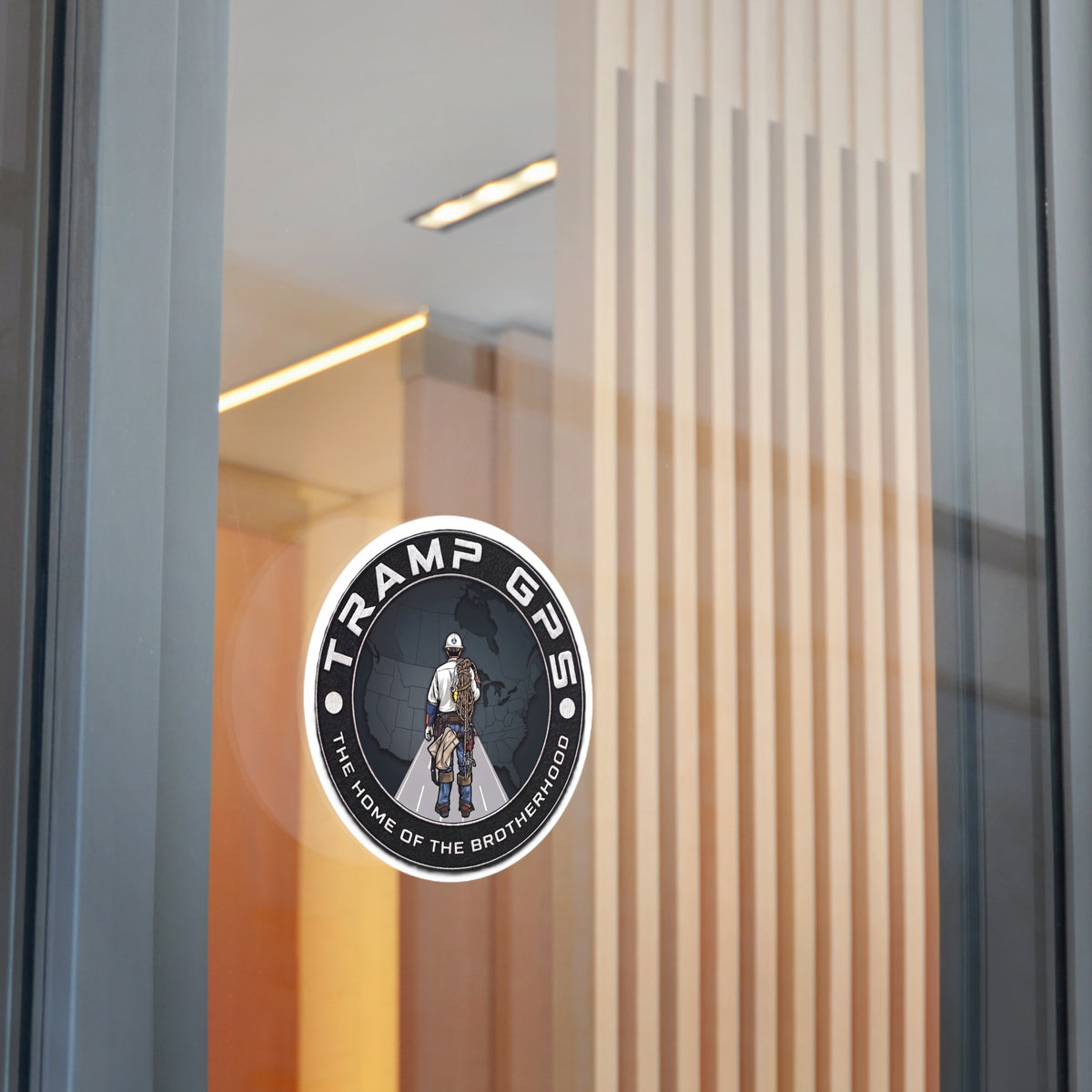Tramp GPS Round Vinyl Sticker — 'The Home of the Brotherhood' Lineman Design