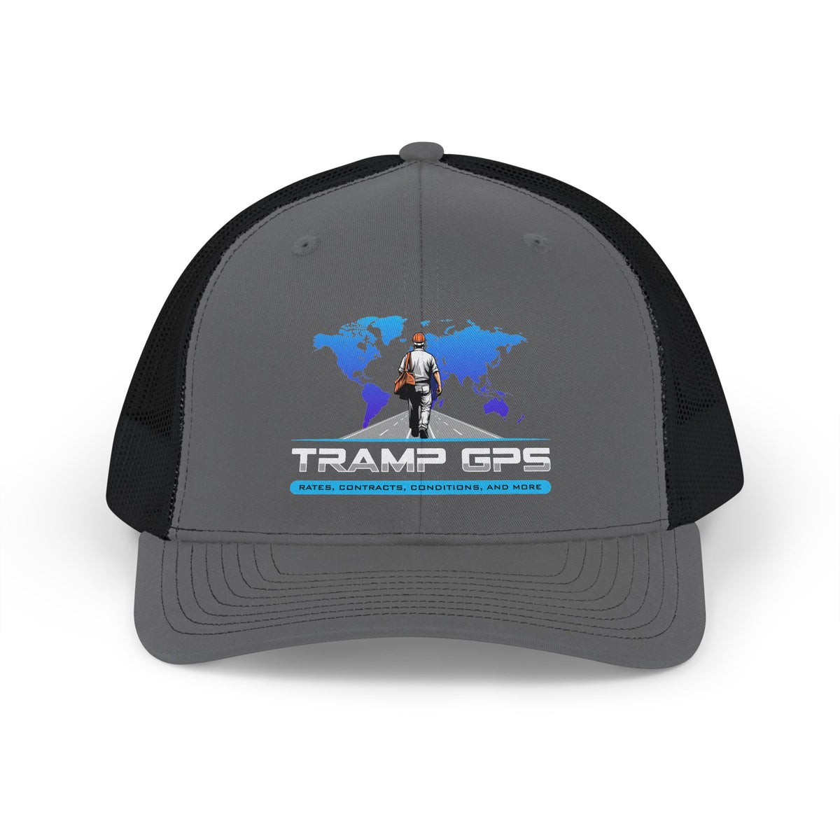 Trucker Cap — Tramp GPS Adventure Logo Hat (World Map, Outdoor Travel Snapback)