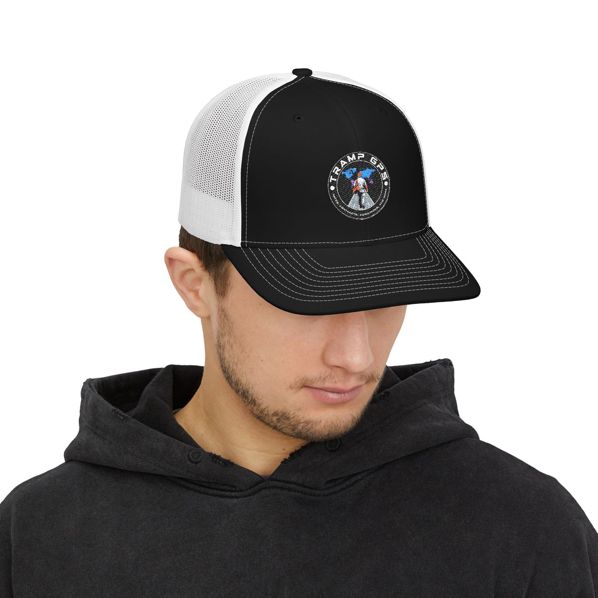 Black & White Trucker Cap with Vintage Mountain Patch – Outdoor Snapback Hat