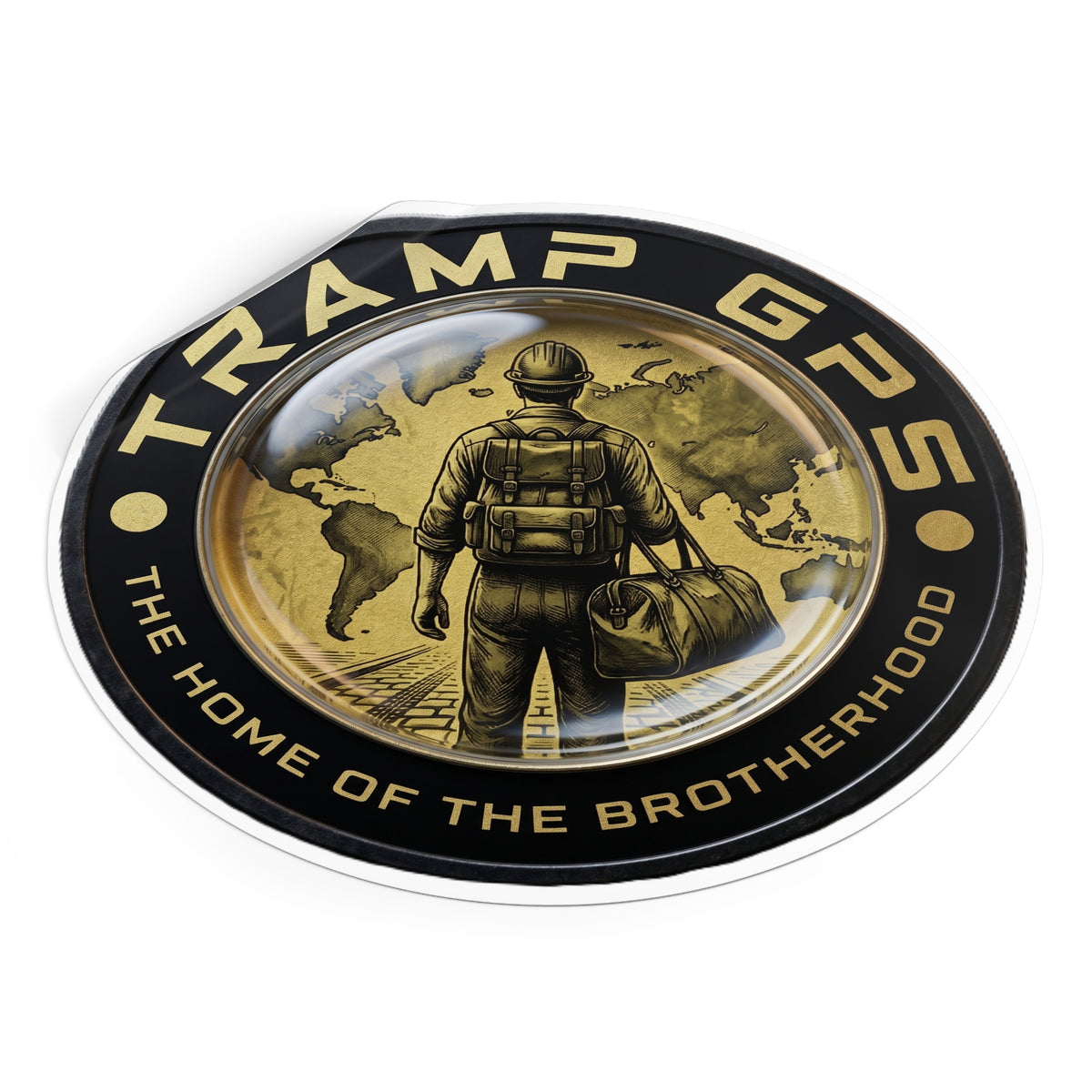 Tramp GPS Round Vinyl Sticker — “The Home of the Brotherhood” Travel Hiker Design