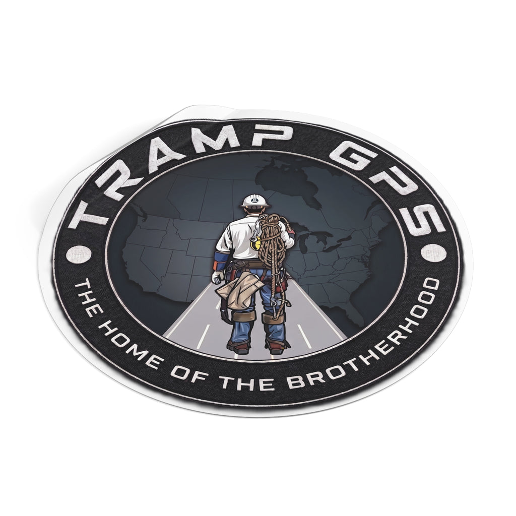 Tramp GPS Round Vinyl Sticker — 'The Home of the Brotherhood' Lineman Design