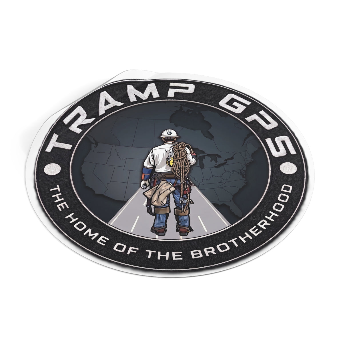 Tramp GPS Round Vinyl Sticker — 'The Home of the Brotherhood' Lineman Design