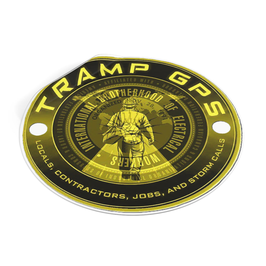 Tramp GPS Round Vinyl Sticker — Electrician Brotherhood Logo, Durable Weatherproof Decal