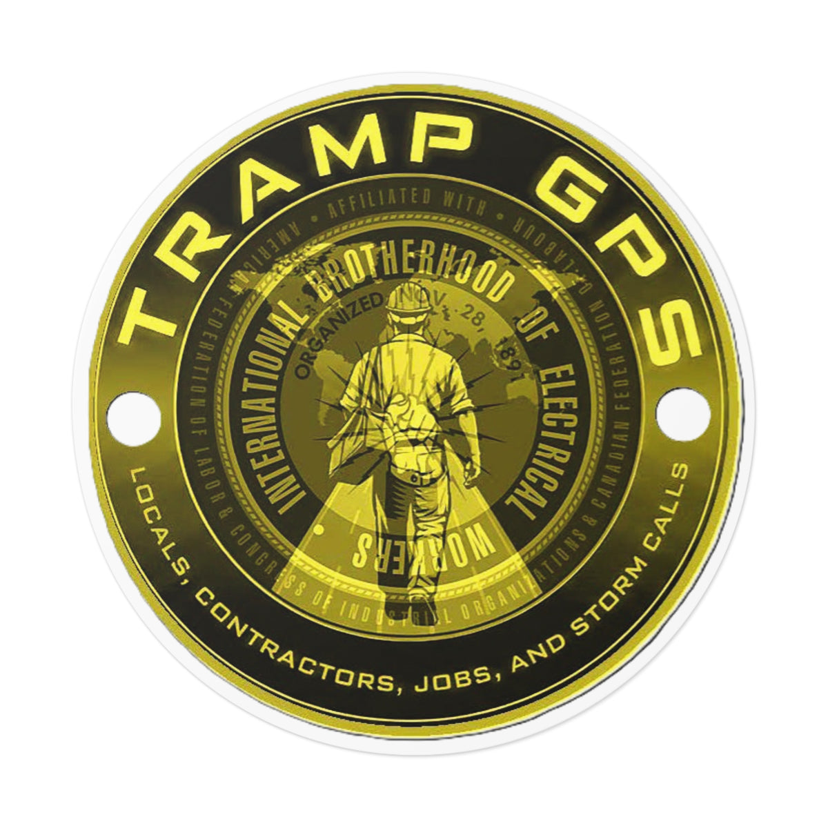 Tramp GPS Round Vinyl Sticker — Electrician Brotherhood Logo, Durable Weatherproof Decal