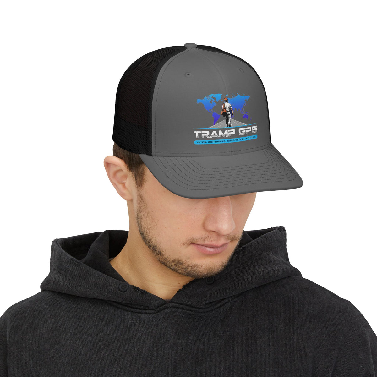 Trucker Cap — Tramp GPS Adventure Logo Hat (World Map, Outdoor Travel Snapback)