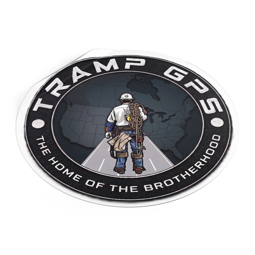 Tramp GPS Round Vinyl Sticker — 'The Home of the Brotherhood' Lineman Design