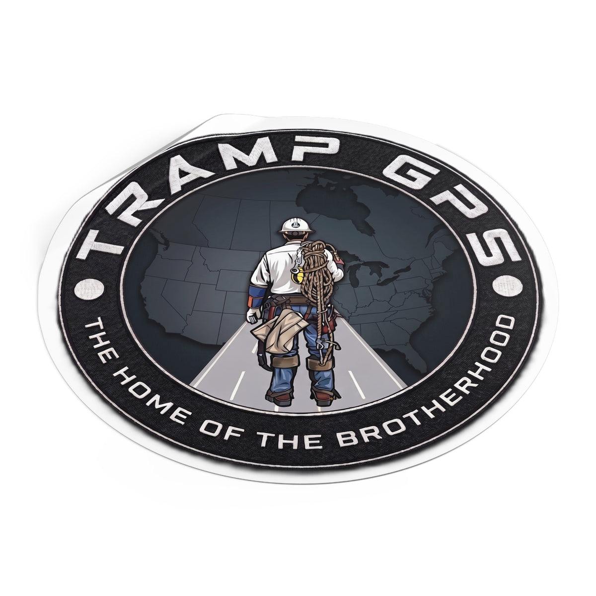 Tramp GPS Round Vinyl Sticker — 'The Home of the Brotherhood' Lineman Design