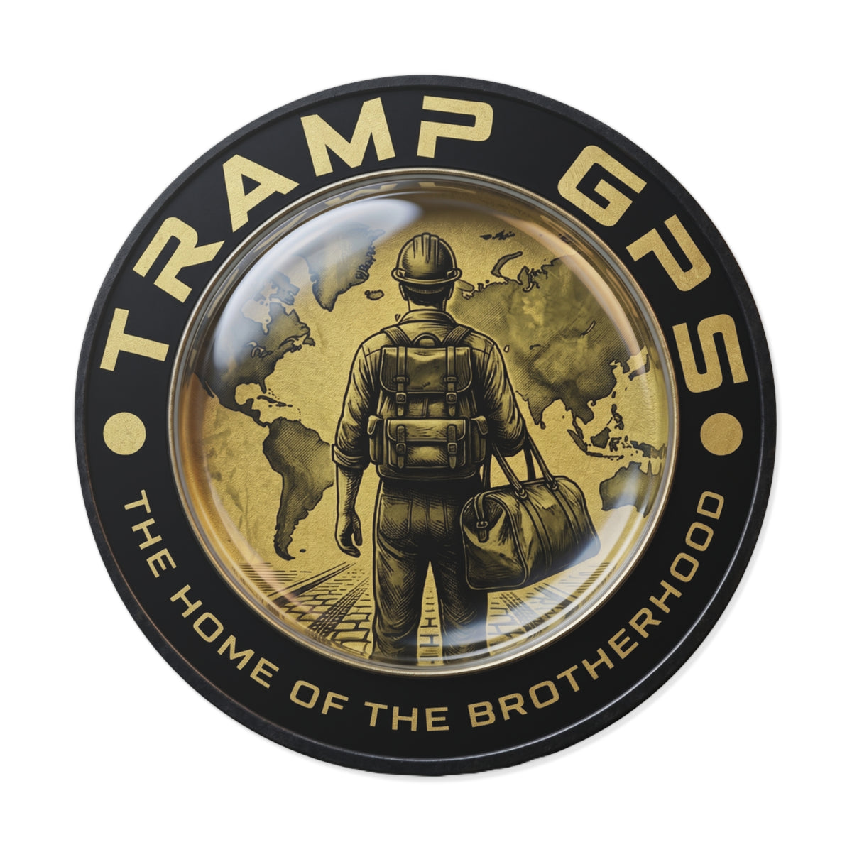 Tramp GPS Round Vinyl Sticker — “The Home of the Brotherhood” Travel Hiker Design
