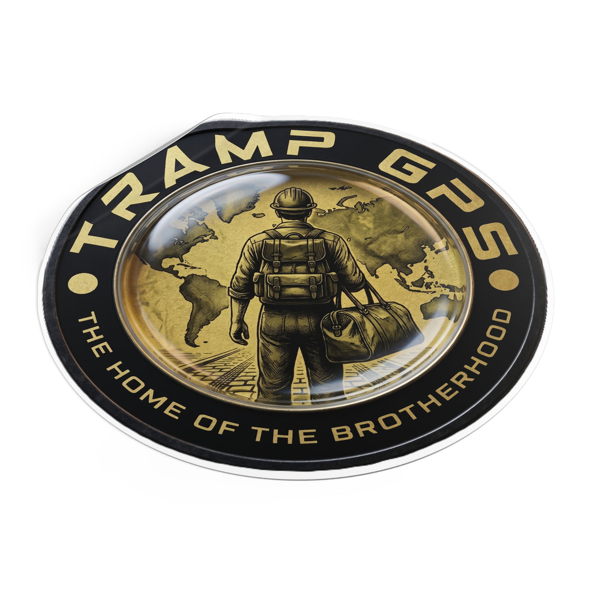 Tramp GPS Round Vinyl Sticker — “The Home of the Brotherhood” Travel Hiker Design
