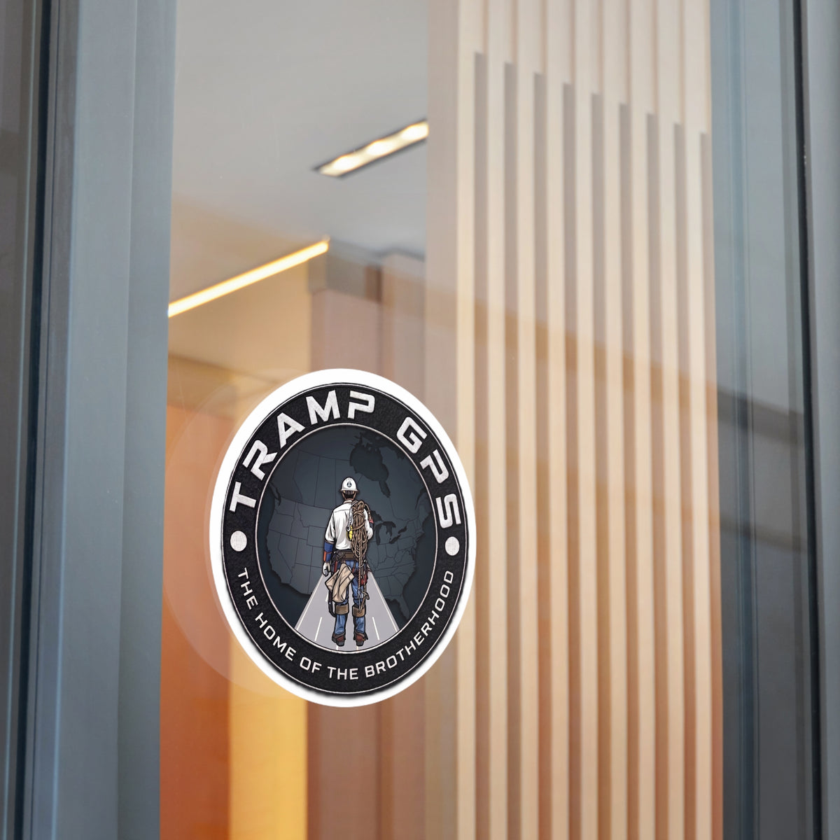 Tramp GPS Round Vinyl Sticker — 'The Home of the Brotherhood' Lineman Design