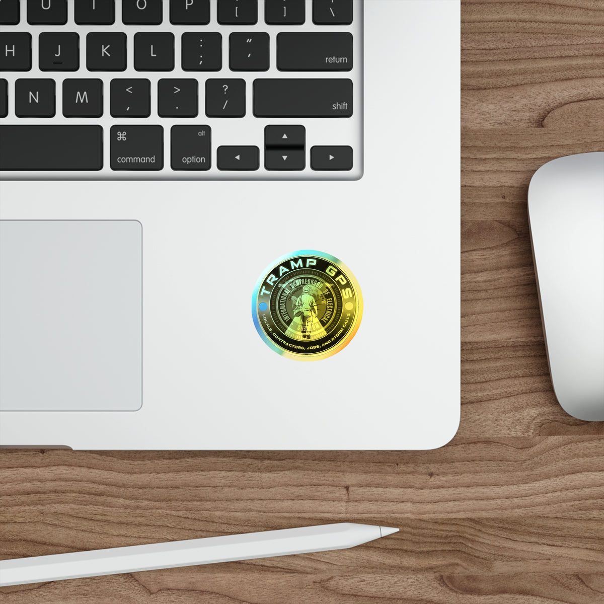 Holographic Tramp GPS Die-Cut Sticker — Union Electrician Emblem