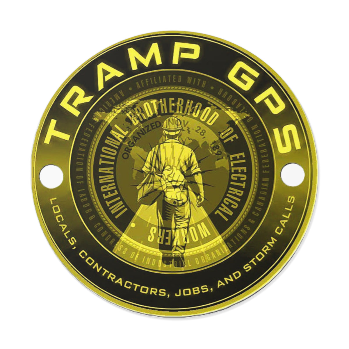 Tramp GPS Round Vinyl Sticker — Electrician Brotherhood Logo, Durable Weatherproof Decal