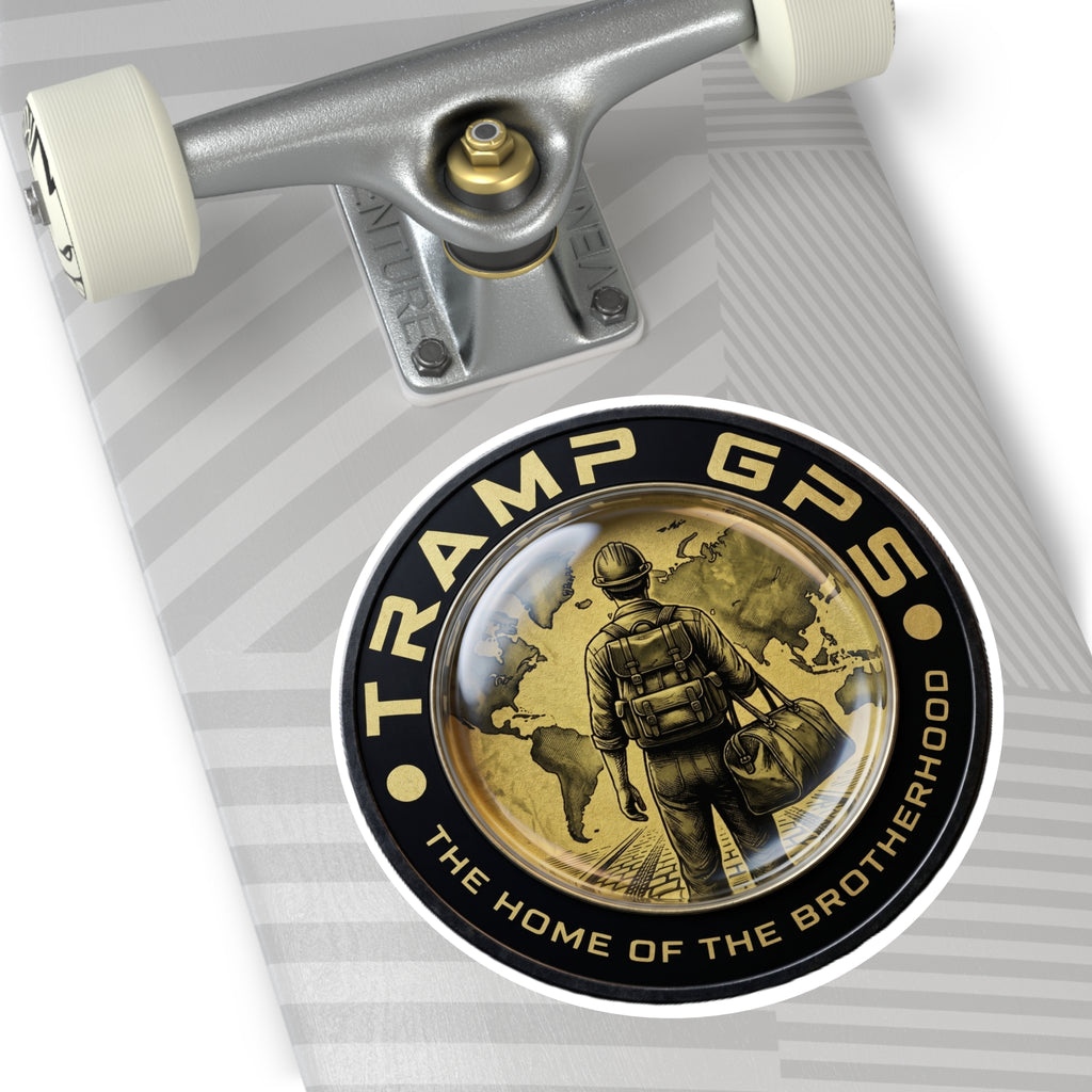 Tramp GPS Round Vinyl Sticker — “The Home of the Brotherhood” Travel Hiker Design