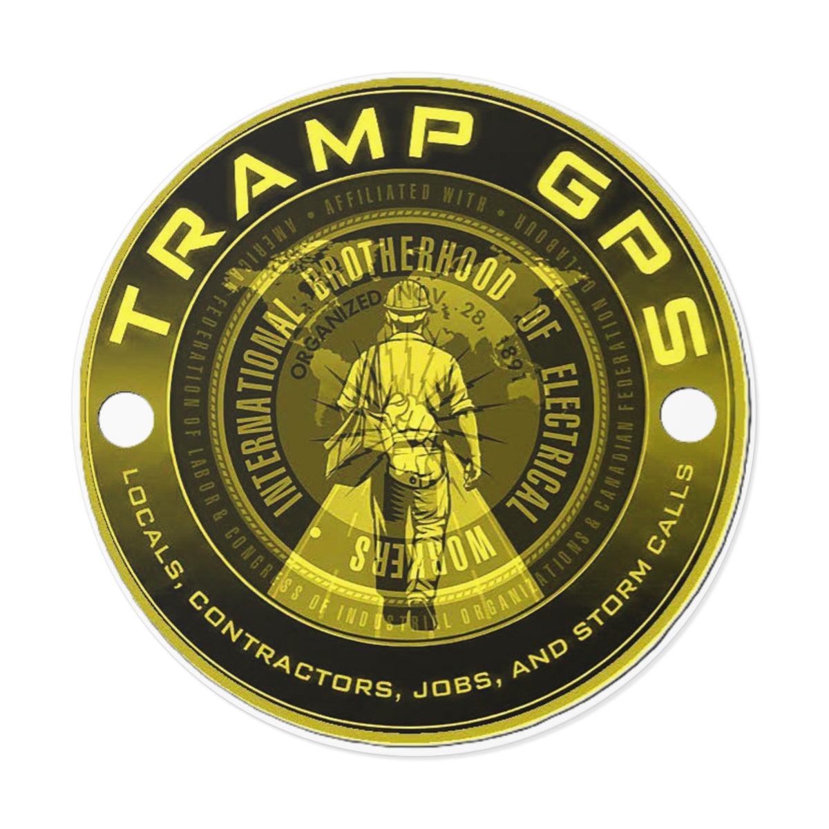 Tramp GPS Round Vinyl Sticker — Electrician Brotherhood Logo, Durable Weatherproof Decal